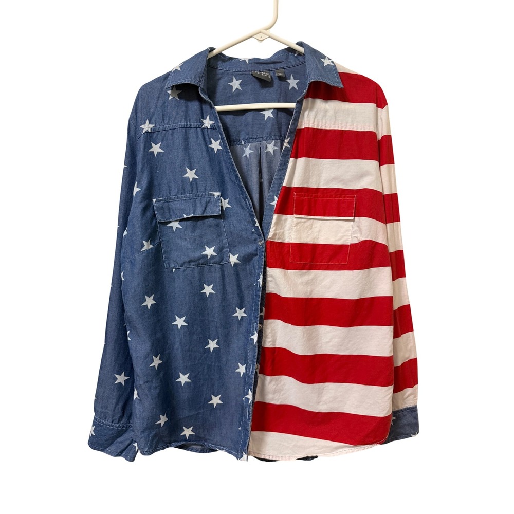 Soho Jeans NY&Co American Flag Stars Stripes Button Down Shirt XL Patriotic
